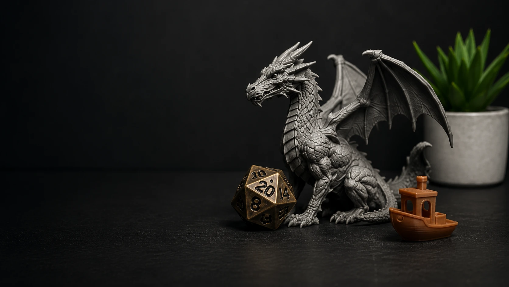 3D printed dragon, roleplaying dice, and Peninsula 3D Printing sign on a dark tabletop