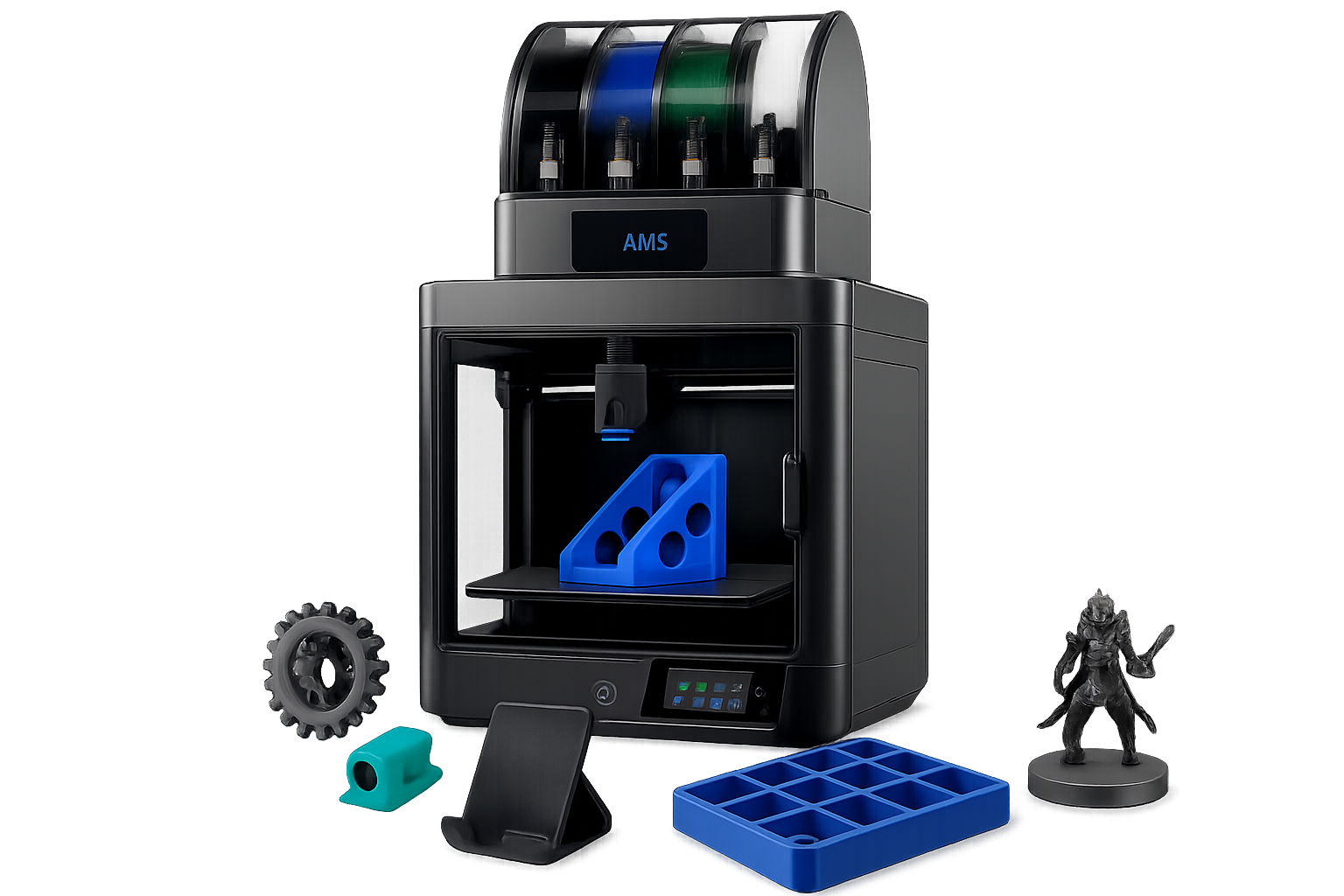 Desktop 3D printer printing a blue bracket with sample printed gear, cable clip, phone stand, organizer tray, and miniature around it