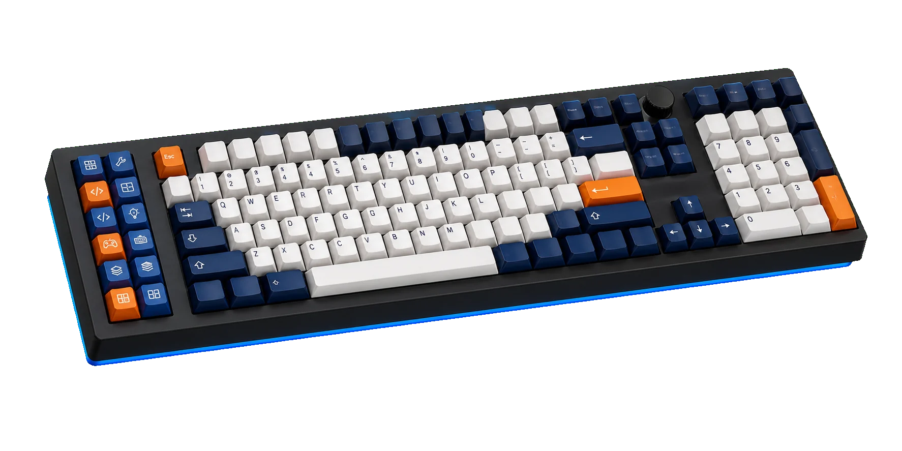 Custom mechanical keyboard with an extra left column of custom macro keys and blue underglow