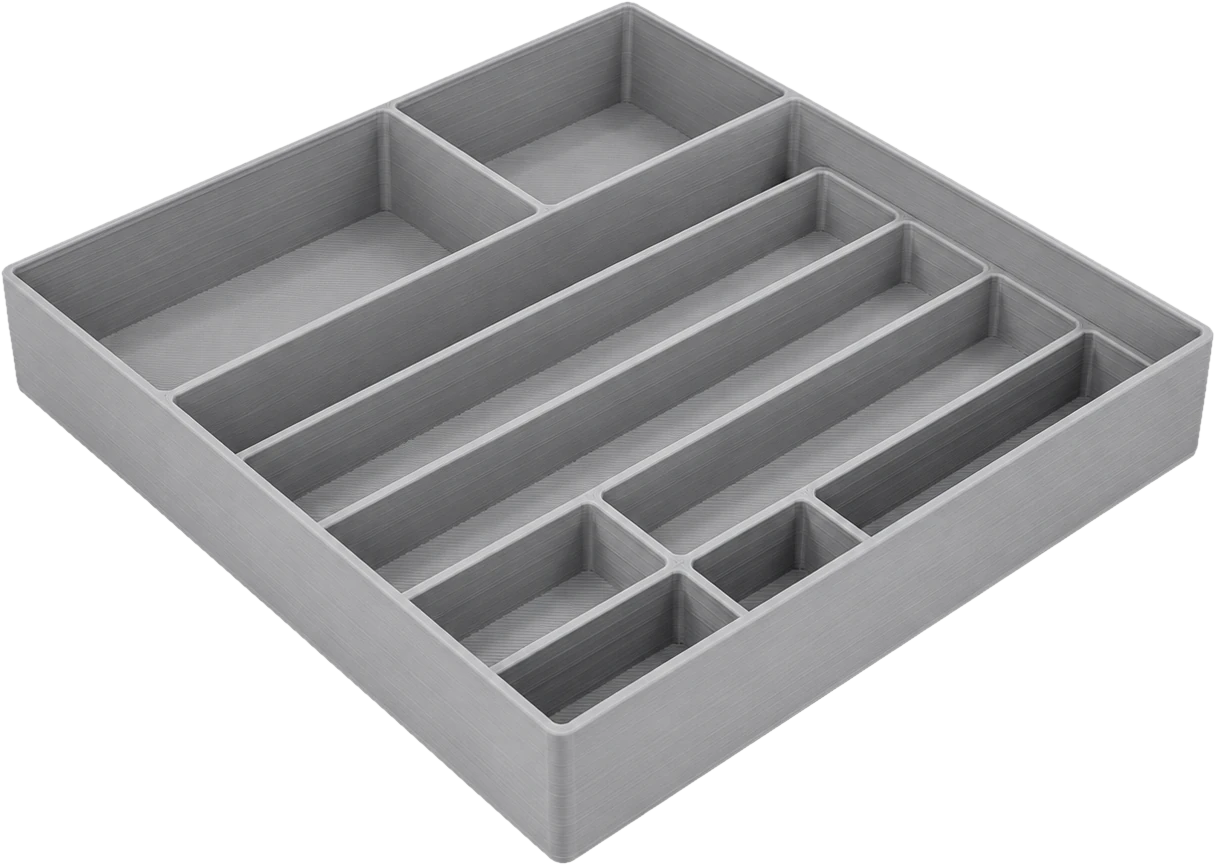 Gray 3D printed drawer organizer with several compartments