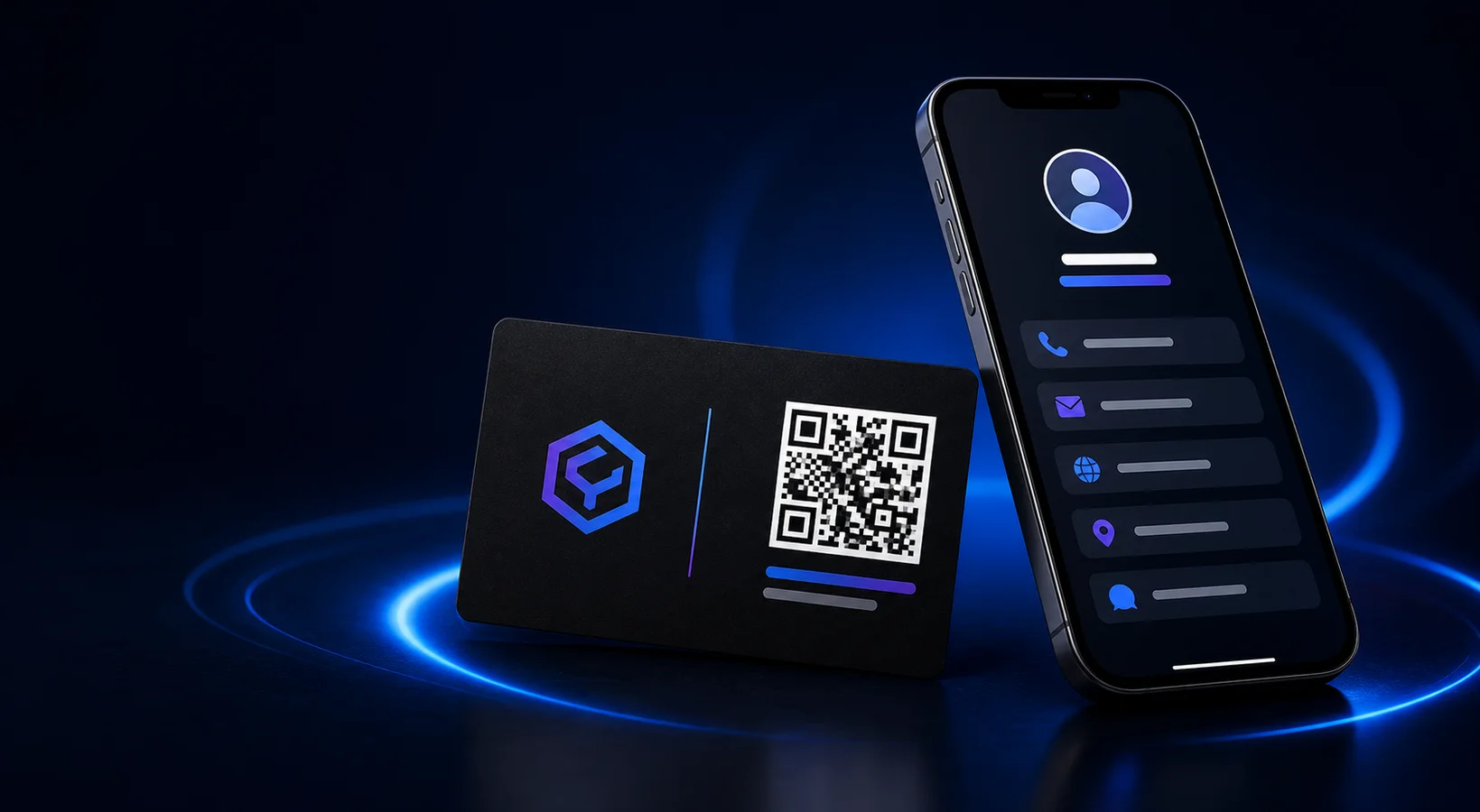 Business card with QR code beside a smartphone contact profile interface