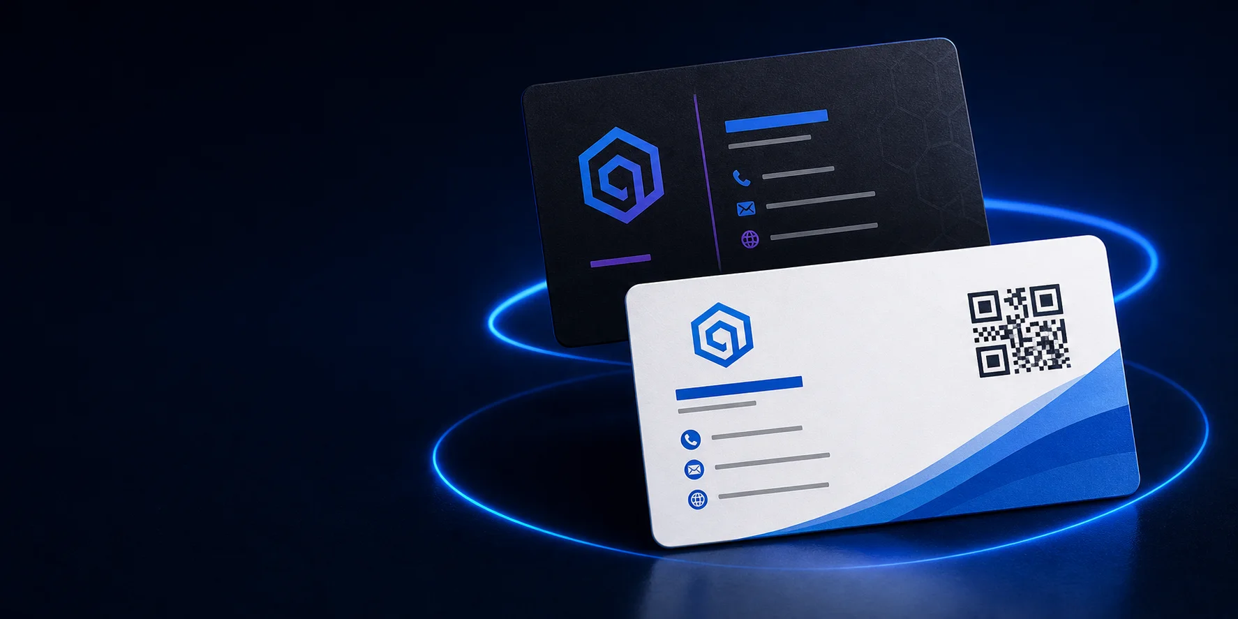 Two modern business cards on a dark blue background with a QR code and blue accent lighting