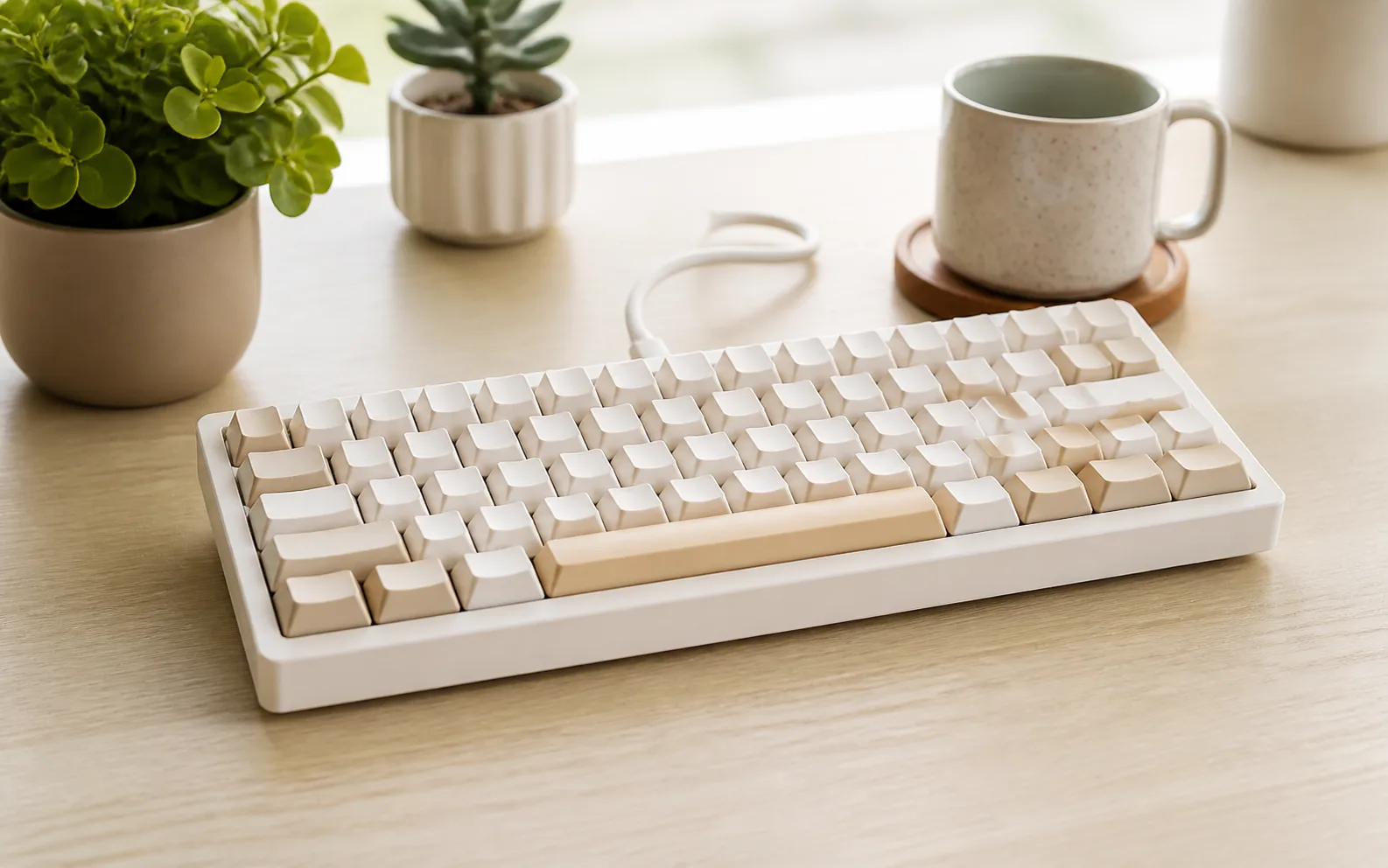 Clean white and cream mechanical keyboard on a bright desk