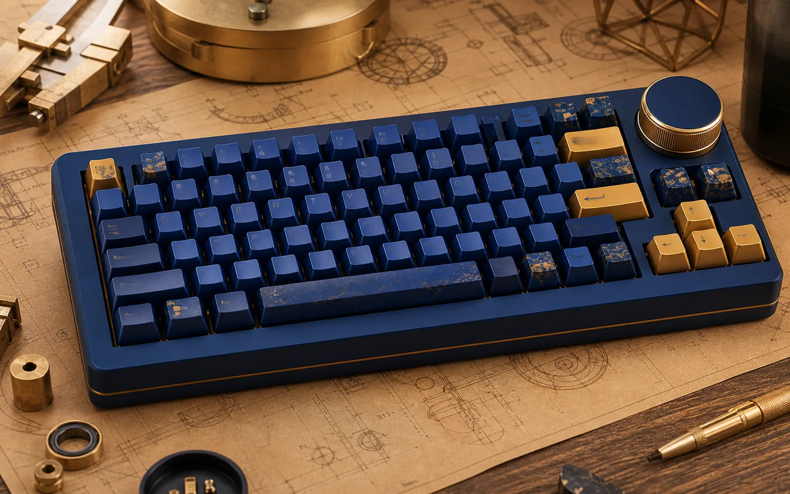 Deep blue and gold custom mechanical keyboard with a rotary knob