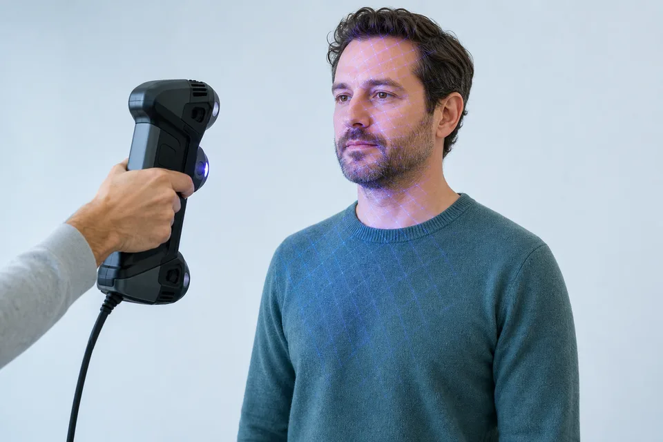 A person being captured with a handheld 3D scanner
