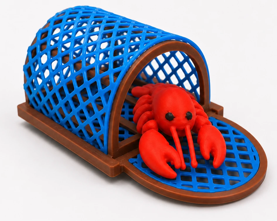 3D printed Lobster Pot Keychain product photo with blue mesh
