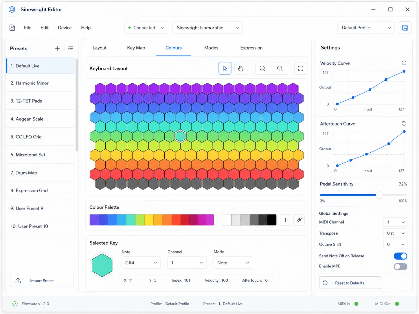 Sinewright editor software interface for configuring key mappings and colours