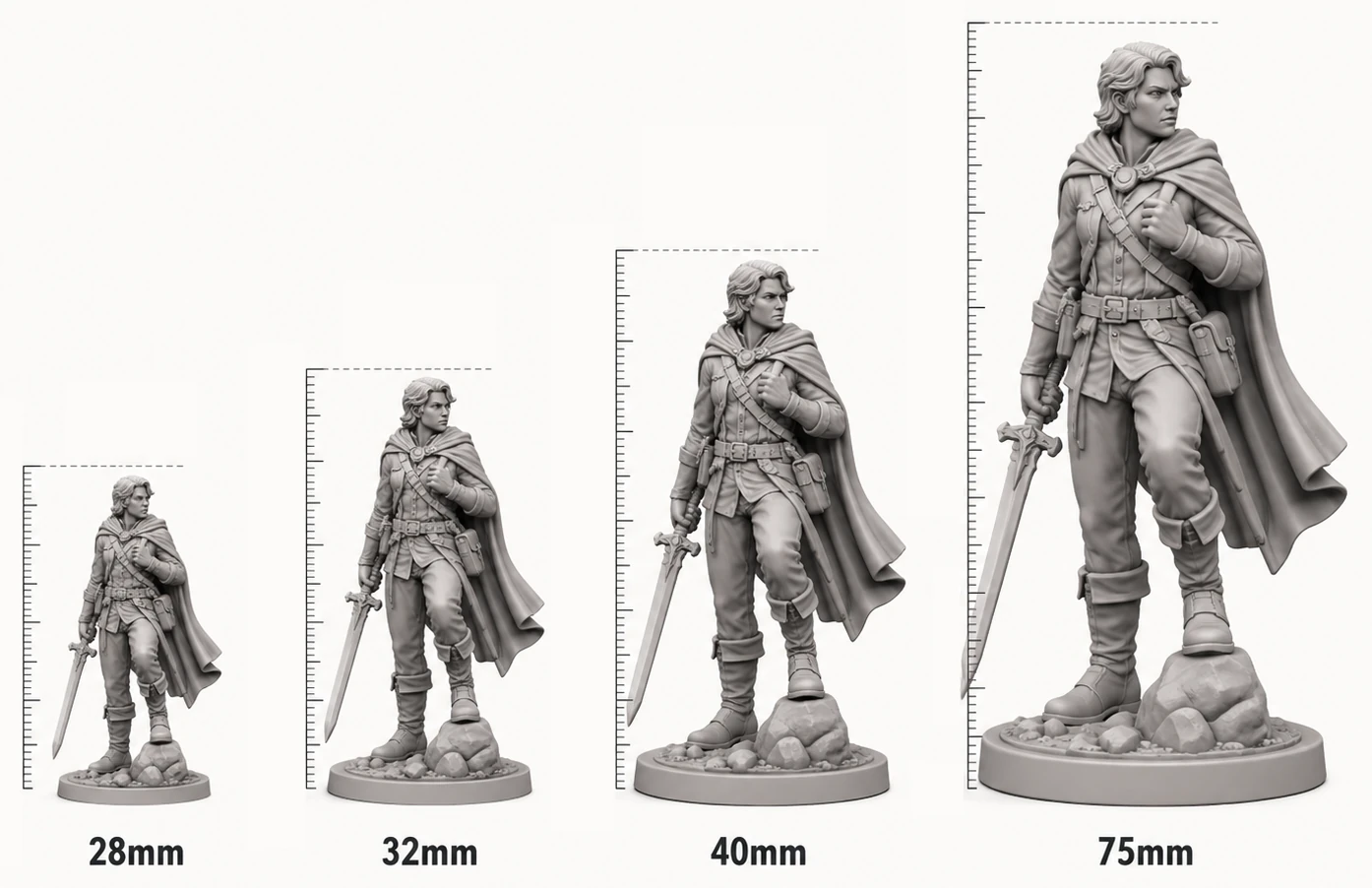 Fantasy miniatures shown together as a scale comparison